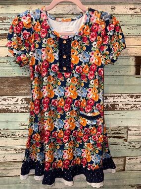 SweetHoney Navy Floral Dress with Pink Trim